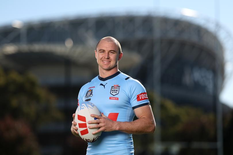 SYDNEY, AUSTRALIA - MAY 28: Dylan Edwards of the Blues poses during a New South Wales Blues State of Origin media opportunity at NSWRL Centre of Excellence on May 28, 2024 in Sydney, Australia. (Photo by Matt King/Getty Images)