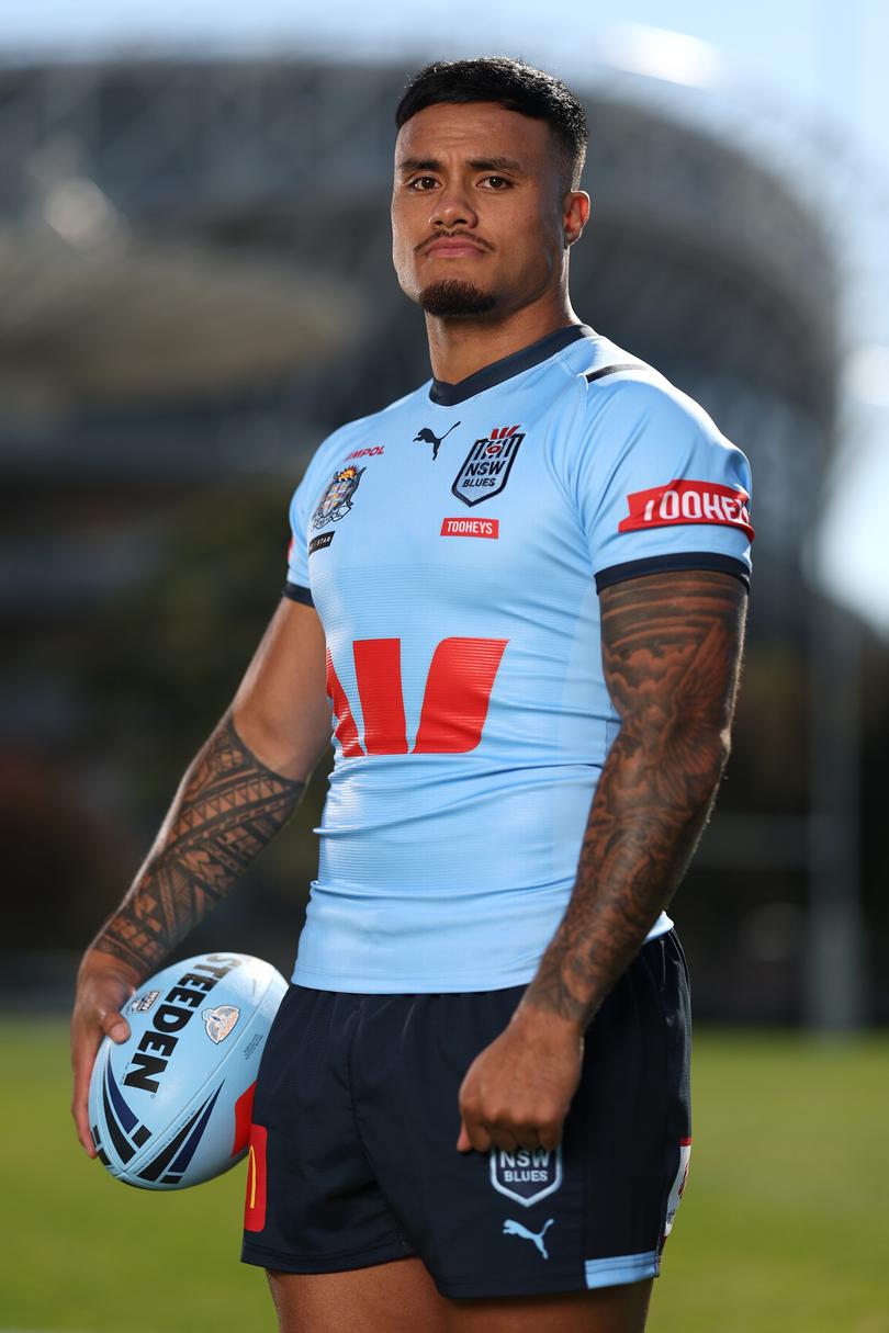 SYDNEY, AUSTRALIA - MAY 28: Spencer Leniu of the Blues poses during a New South Wales Blues State of Origin media opportunity at NSWRL Centre of Excellence on May 28, 2024 in Sydney, Australia. (Photo by Matt King/Getty Images)