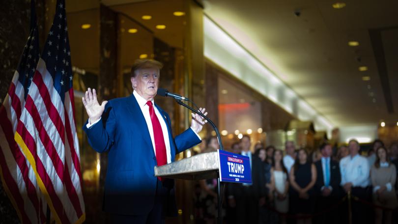Donald Trump at a news conference in Trump Tower the day after being found guilty on 34 felony counts of falsifying business records at Manhattan Criminal Court. 