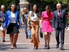 Antoinette Lattouf (centre) was dismissed after sharing a Human Rights Watch post on Instagram. (Toby Zerna/AAP PHOTOS)