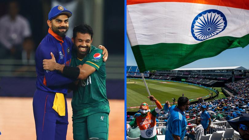 Virat Kohli and Mohammad Rizwan and Indian fans at the Long Island cricket stadium.