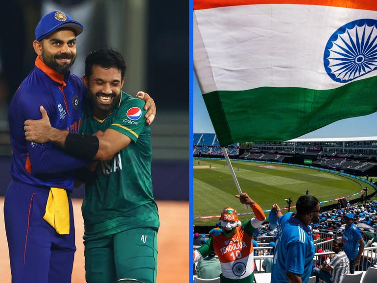 Virat Kohli and Mohammad Rizwan and Indian fans at the Long Island cricket stadium.