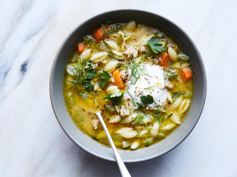 A quick-made chicken noodle soup, in New York, December 19, 2019. Many shortcut versions rely on rotisserie chicken, which doesn’t absorb flavours in the same way as the chicken mince Alexa Weibel uses here. Food styled by Monica Pierini. (Linda Xiao/The New York Times) 