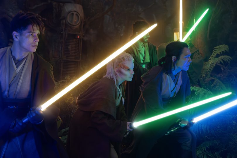 (L-R, front row): Yord Fandar (Charlie Barnett), Jedi Padawan Jecki Lon (Dafne Keen) and Master Sol (Lee Jung-jae) in Lucasfilm’s The Acolyte, exclusively on Disney Plus.