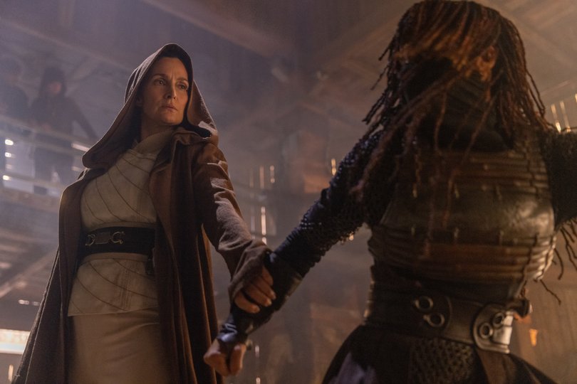 (L-R): Jedi Master Indara (Carrie-Anne Moss) and Mae (Amandla Stenberg) in Lucasfilm’s The Acolyte, exclusively on Disney Plus.