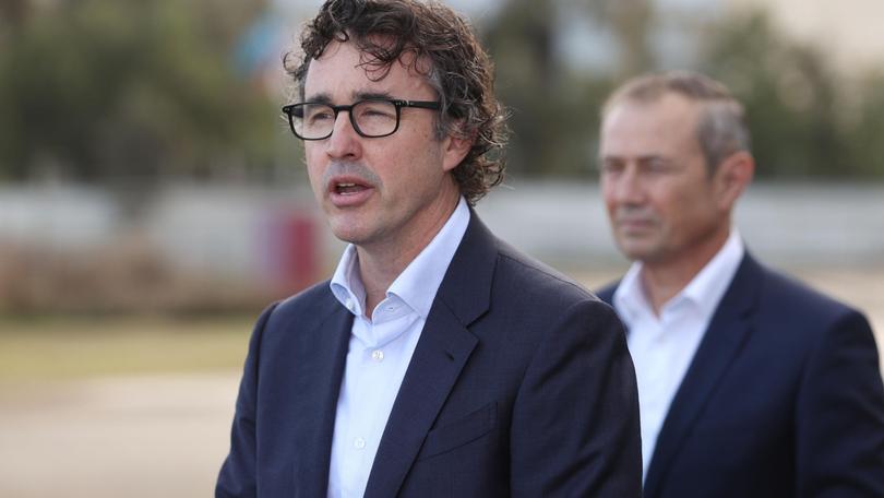 Rio Tinto iron ore chief executive Simon Trott at a press conference with WA Premier Roger Cook to announce the development of a new Western Australian facility to support the decarbonisation of the steel industry.