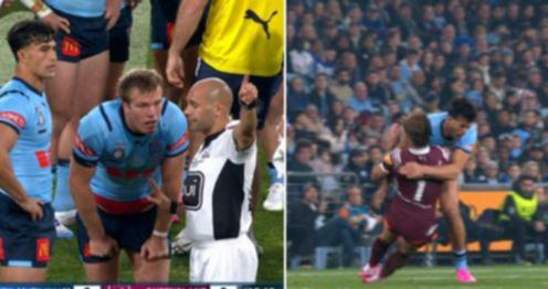 Joseph Suaalii has been sent off only seven minutes into his State of Origin debut for a hit on Queensland’s Reece Walsh.