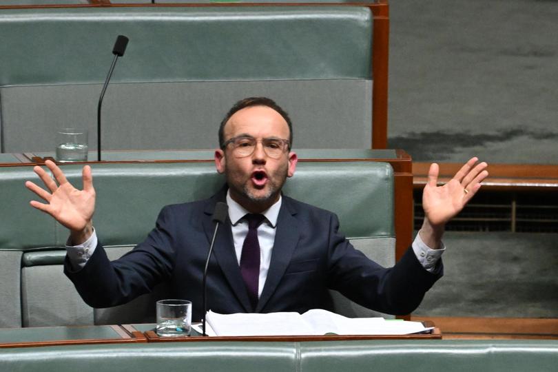 Australian Greens Leader Adam Bandt reacts during a division after Question Time at Parliament House in Canberra, Wednesday, June 5, 2024. 