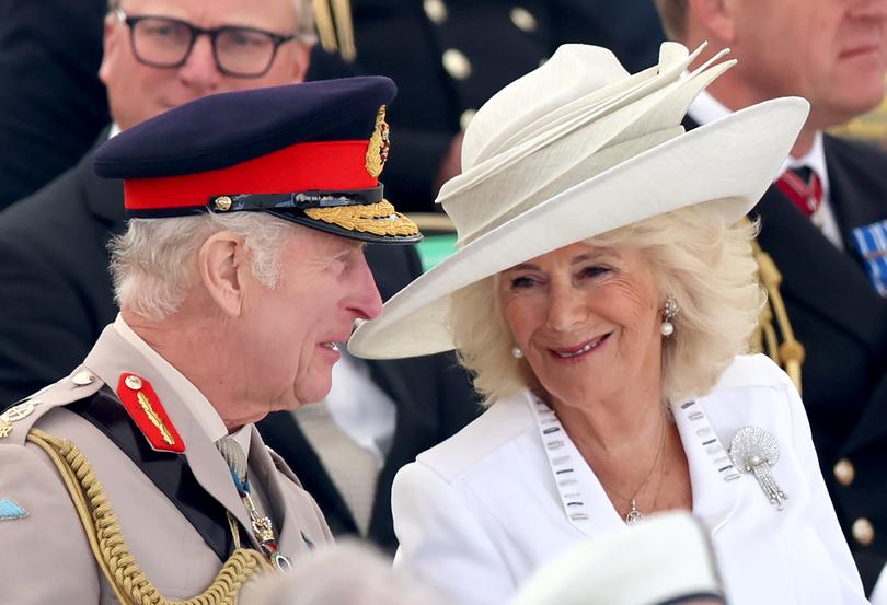 VER-SUR-MER, FRANCE - JUNE 06: King Charles III and Queen Camilla during the UK Ministry of Defence and the Royal British Legion’s commemorative event at the British Normandy Memorial to mark the 80th anniversary of D-Day on June 06, 2024 in Ver-Sur-Mer, France. Normandy is hosting various events across significant sites such as Pegasus Bridge, Sainte-Mère-Église, and Pointe du Hoc, to officially commemorate the 80th anniversary of the D-Day landings that took place on June 6, 1944. (Photo by Chris Jackson/Getty Images)