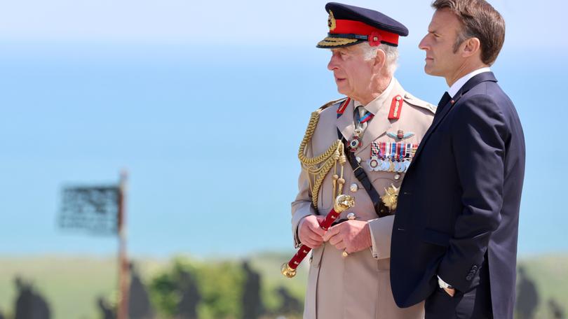 King Charles III and President of France, Emmanuel Macron during the UK Ministry of Defence and the Royal British Legion’s commemorative event at the British Normandy Memorial.