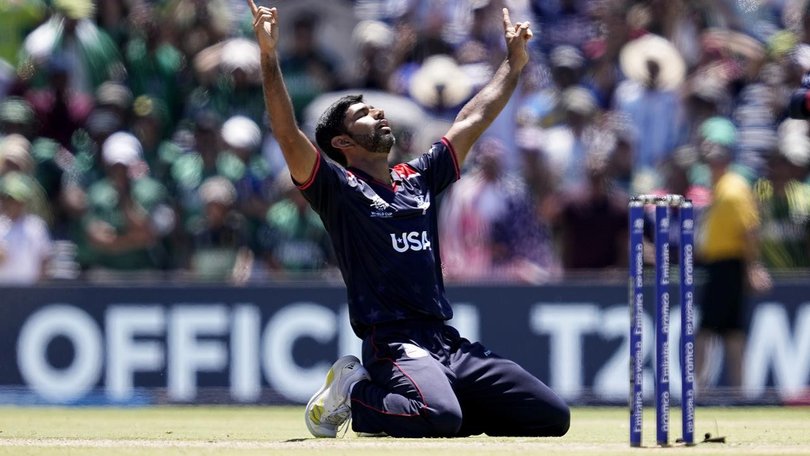 USA's Shaurabh Netravalkar celebrates after bowling the winning super over against Pakistan. (AP PHOTO)