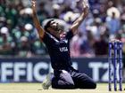 USA's Shaurabh Netravalkar celebrates after bowling the winning super over against Pakistan. (AP PHOTO)