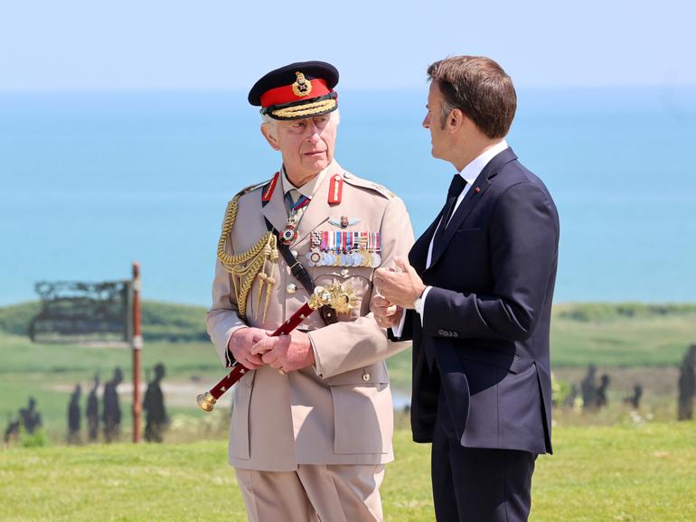 King Charles III and President of France, Emmanuel Macron during the UK Ministry of Defence and the Royal British Legion’s commemorative event at the British Normandy Memorial to mark the 80th anniversary of D-Day.