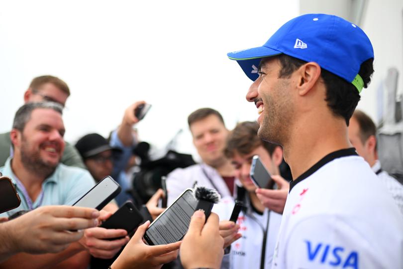 MONTREAL, QUEBEC - JUNE 06: Daniel Ricciardo of Australia and Visa Cash App RB talks to the media in the Paddock during previews ahead of the F1 Grand Prix of Canada at Circuit Gilles Villeneuve on June 06, 2024 in Montreal, Quebec. (Photo by Rudy Carezzevoli/Getty Images)