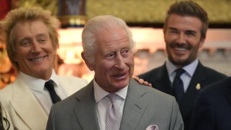 British pop icon Rod Stewart, (L), former footballer David Beckham, (R) and King Charles III attend the inaugural King's Foundation charity awards at St James's Palace on June 11, 2024 in London, England. 