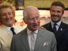 British pop icon Rod Stewart, (L), former footballer David Beckham, (R) and King Charles III attend the inaugural King's Foundation charity awards at St James's Palace on June 11, 2024 in London, England. 