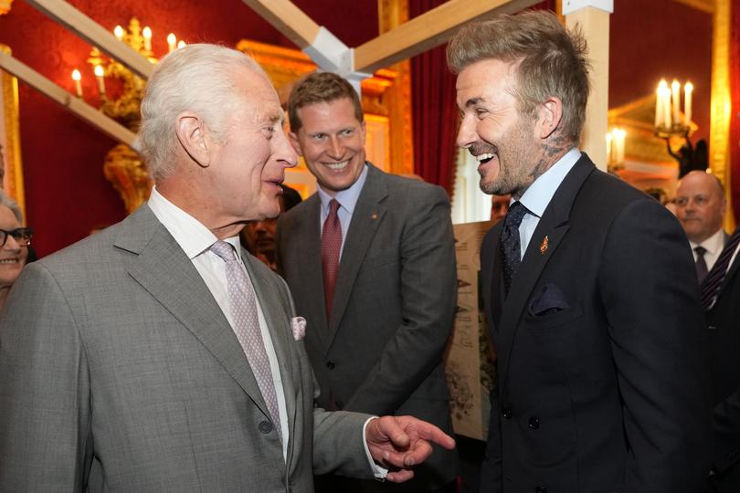 LONDON, ENGLAND - JUNE 11: King Charles III (L), speaks to former footballer David Beckham as they attend the inaugural King's Foundation charity awards at St James's Palace on June 11, 2024 in London, England. The Awards serve as a platform to honour the outstanding efforts of students, teachers, alumni, and partners who have significantly contributed to the Foundation's mission across various sectors. There are nine award categories, with the event culminating in The King presenting The King Charles III Harmony Award, a special accolade recognising an individual's long-term dedication to the Foundation's mission. (Photo by Kirsty Wigglesworth - WPA Pool/Getty Images)