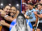 Jessika Elliston and Shannon Mato celebrate the Maroons win and Latrell Mitchell playing for NSW  in 2021.