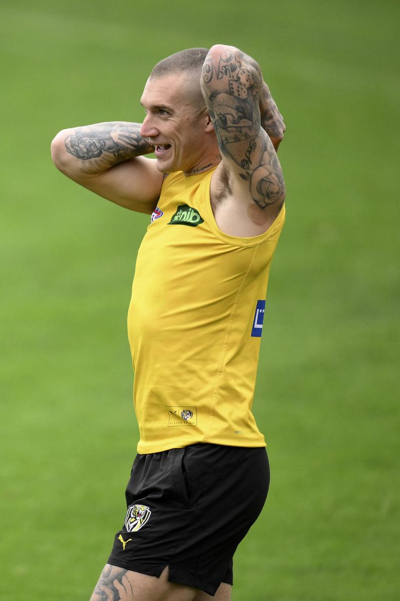 MELBOURNE, AUSTRALIA - JUNE 13: Dustin Martin of the Tigers is seen during a Richmond Tigers AFL training session at Punt Road Oval on June 13, 2024 in Melbourne, Australia. (Photo by Martin Keep/Getty Images)
