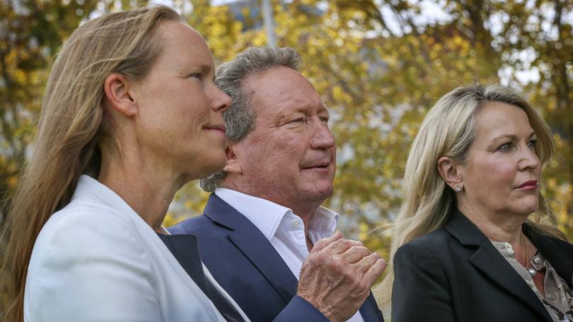 Fortescue Metals chairman Andrew Forrest, with former CEO Elizabeth Gaines, right and outgoing director of global growth Julie Shuttleworth (left).