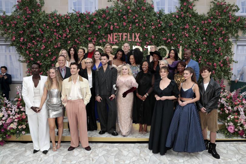 LONDON, ENGLAND - JUNE 12: (L-R) Victor Alli, Hannah Dodd, Tom Verica, Jessica Madsen, Harriet Cains, Emma Naomi, Ruth Gemmell, Luke Thompson, Betsy Beers, Sam Phillips, Luke Newton, Joanna Bobin, Simone Ashley, Dominic Coleman, Nicola Coughlan, Golda Rosheuvel, Shonda Rhimes, Hannah New, Adjoa Andoh, Jess Brownell, Claudia Jessie, Kathryn Drysdale, Nne Ebong, Daniel Francis and Florence Hunt attend the special screening of "Bridgerton" Season 3 - Part Two at Odeon Luxe Leicester Square on June 12, 2024 in London, England. (Photo by John Phillips/Getty Images)