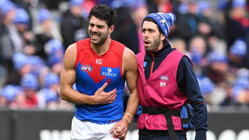 Christian Petracca suffered four broken ribs and a lacerated spleen against Collingwood. (James Ross/AAP PHOTOS)