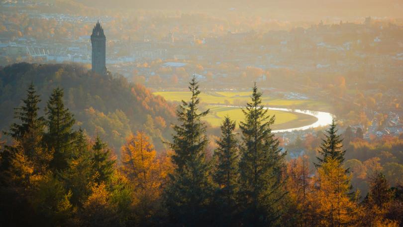 The Wallace Monument as seen from Dumyat at the western end of the main range of the Ochil hills, Clackmannanshire. 