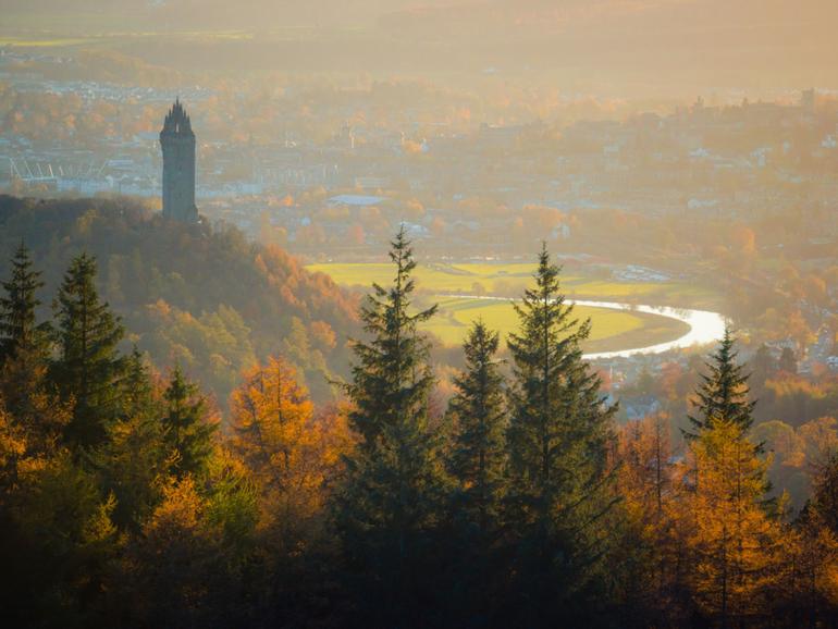 The Wallace Monument as seen from Dumyat at the western end of the main range of the Ochil hills, Clackmannanshire. 