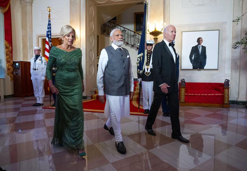 President Joe Biden and first lady Jill Biden arrive with India's Prime Minister Narendra Modi for a State Dinner at the White House in Washington, June 22, 2023. 