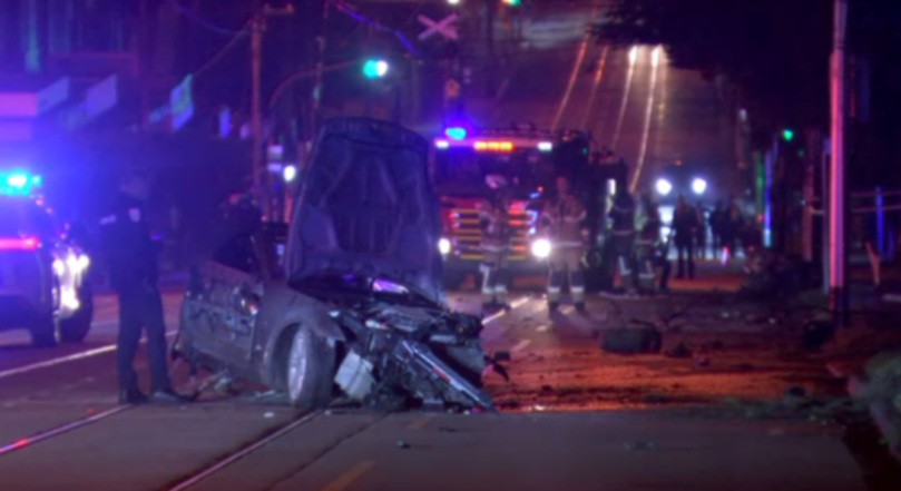 The vehicle then clipped a traffic pole and that impact is believed to have broken the car in half and it then caught fire.