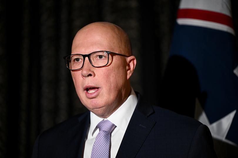 Australian Opposition Leader Peter Dutton speaks to the media during a press conference in Sydney,Tuesday, June 11, 2024. (AAP Image/Bianca De Marchi) NO ARCHIVING