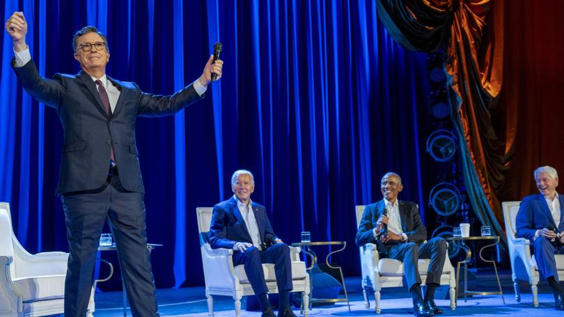 FILE — From left, comedian Stephen Colbert, President Joe Biden, former President Barack Obama, and former President Bill Clinton, during a fundraiser at Radio City Music Hall in New York, on March 28, 2024. Jeffrey Katzenberg helped organize the fund-raising event, that brought in more than $26 million for the campaign. (Doug Mills/The New York Times)