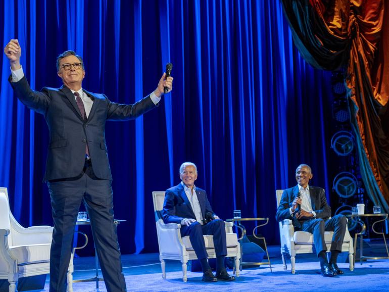 FILE — From left, comedian Stephen Colbert, President Joe Biden, former President Barack Obama, and former President Bill Clinton, during a fundraiser at Radio City Music Hall in New York, on March 28, 2024. Jeffrey Katzenberg helped organize the fund-raising event, that brought in more than $26 million for the campaign. (Doug Mills/The New York Times)