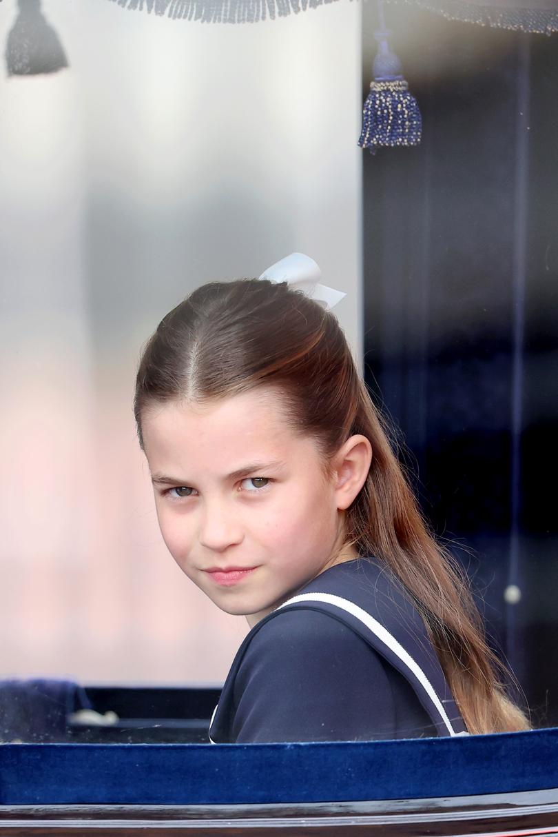 LONDON, ENGLAND - JUNE 15: Princess Charlotte of Wales during Trooping the Colour at Buckingham Palace on June 15, 2024 in London, England. Trooping the Colour is a ceremonial parade celebrating the official birthday of the British Monarch. The event features over 1,400 soldiers and officers, accompanied by 200 horses. More than 400 musicians from ten different bands and Corps of Drums march and perform in perfect harmony. (Photo by Chris Jackson/Getty Images)