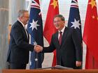 Chinese Premier Li Qiang shake hands with Prime Minister Anthony Albanese.