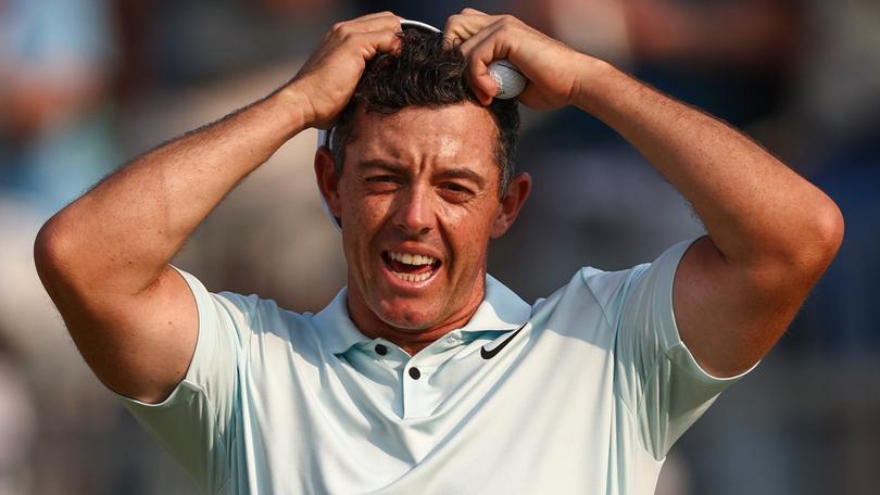 Rory McIlroy of Northern Ireland reacts af.ter finishing the 18th hole during the final round of the 124th U.S. Open