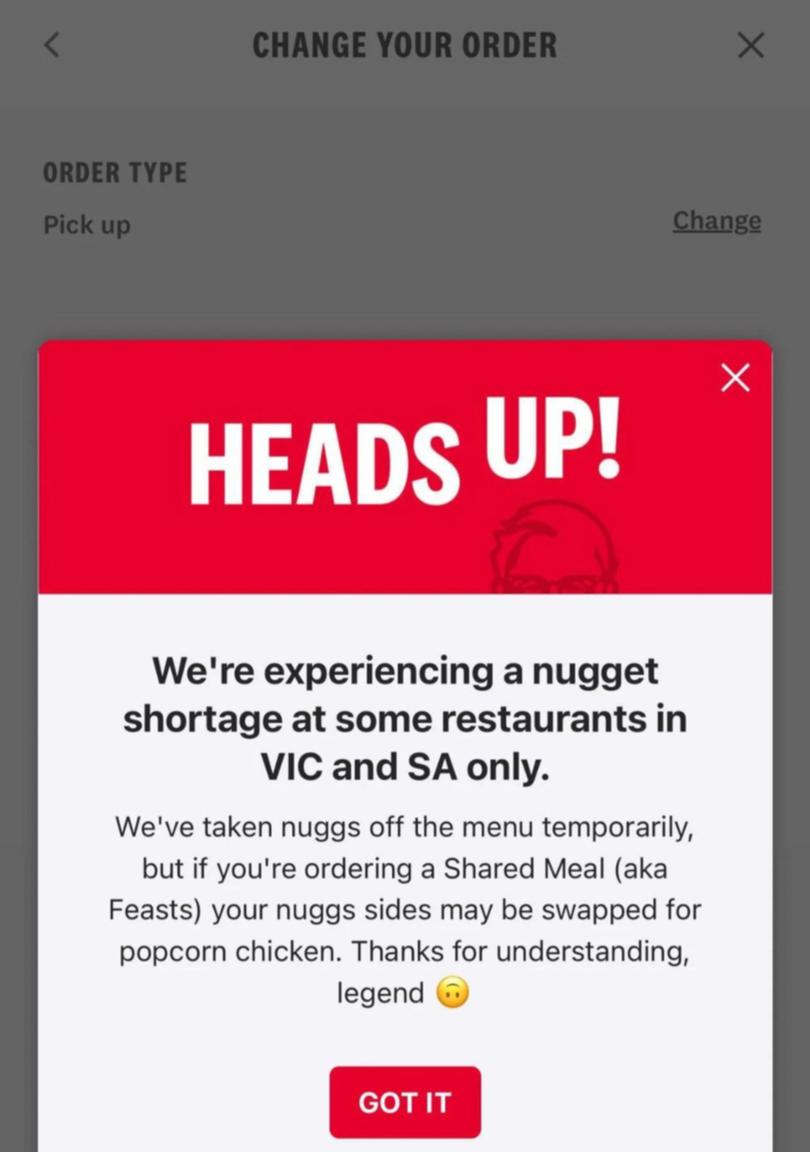 A KFC customer shared this image of the message they received when they attempted to order nuggets.