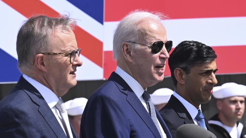 Britain's Prime Minister Rishi Sunak, right, with US President Joe Biden and Australian Prime Minister Anthony Albanese at an AUKUS press conference. 