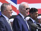 Britain's Prime Minister Rishi Sunak, right, with US President Joe Biden and Australian Prime Minister Anthony Albanese at an AUKUS press conference. 