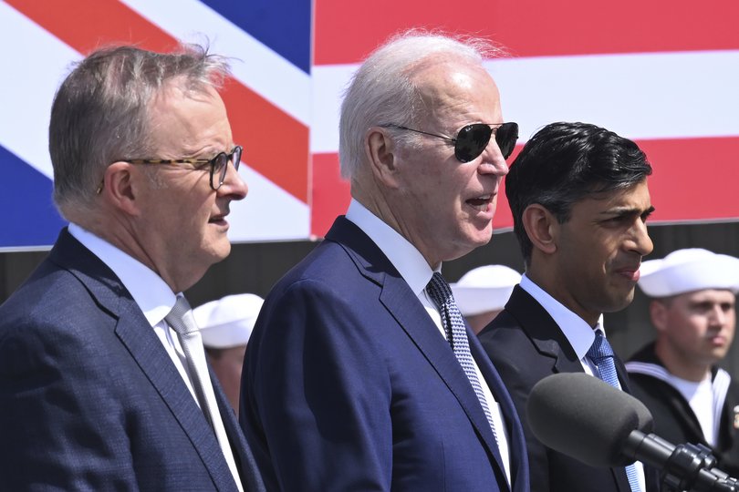 Britain's Prime Minister Rishi Sunak, right, with US President Joe Biden and Australian Prime Minister Anthony Albanese at an AUKUS press conference.
