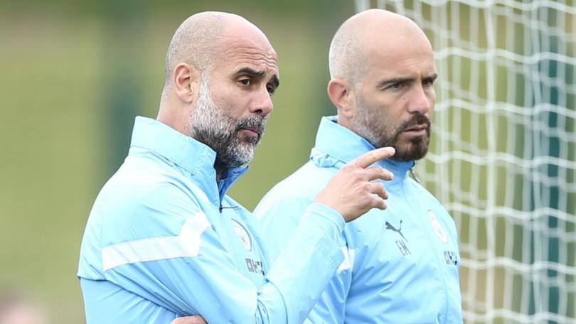 Pep Guardiola will face former assistant Enzo Maresca (r) in the Premier League opening round.