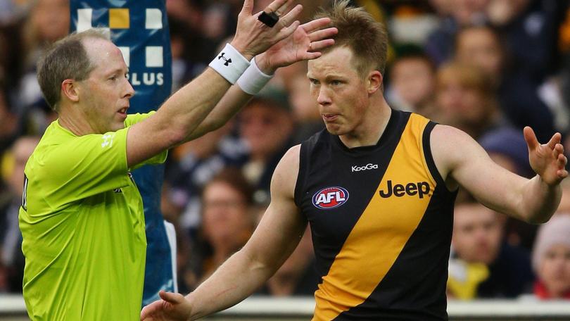 Jack Riewoldt reacts after umpire Stephen McBurney makes a decision during a 2013 game.