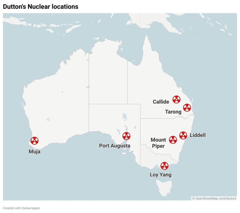 A map of proposed locations for the Coalition's nuclear plan.