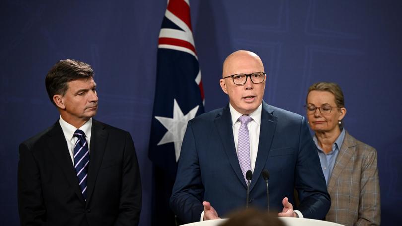 (L-R) Shadow Treasurer Angus Taylor, Opposition Leader Peter Dutton, and Deputy Leader of the Opposition Sussan Ley unveil details of the proposed nuclear energy plan.