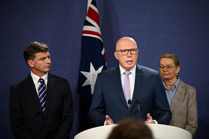 (L-R) Shadow Treasurer Angus Taylor, Opposition Leader Peter Dutton, and Deputy Leader of the Opposition Sussan Ley unveil details of proposed nuclear energy plan during a press conference at the Commonwealth Parliamentary Offices in Sydney, Wednesday, June 19, 2024. (AAP Image/Bianca De Marchi) NO ARCHIVING