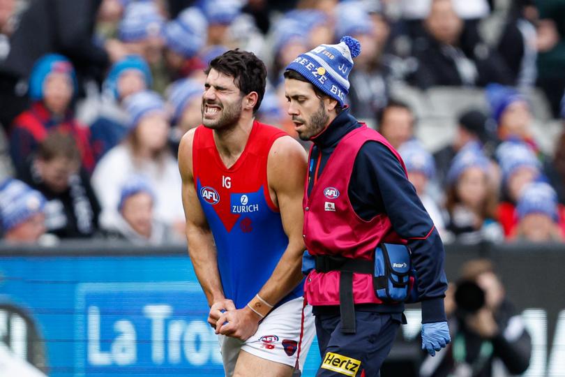 MELBOURNE, AUSTRALIA - JUNE 10: Christian Petracca of the Demons leaves the field injured during the 2024 AFL Round 13 match between the Collingwood Magpies and the Melbourne Demons at The Melbourne Cricket Ground on June 10, 2024 in Melbourne, Australia. (Photo by Dylan Burns/AFL Photos via Getty Images)