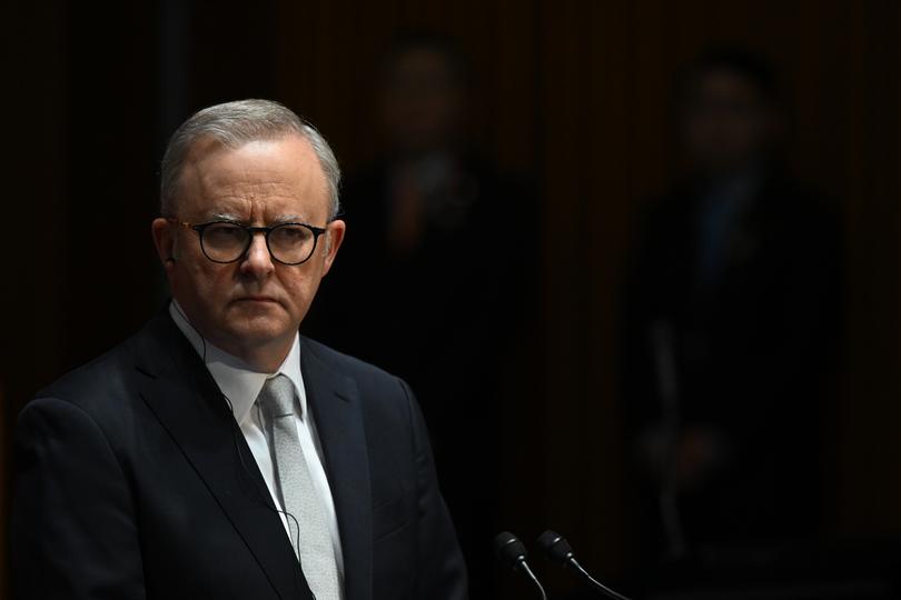 Australian Prime Minister Anthony Albanese speaks to the media during a signing ceremony at the Australian Parliament House in Canberra, Monday, June 17, 2024. Li Qiang, who is second only to President Xi Jinping, is on a four-day visit to Australia. (AAP Image/Lukas Coch) NO ARCHIVING