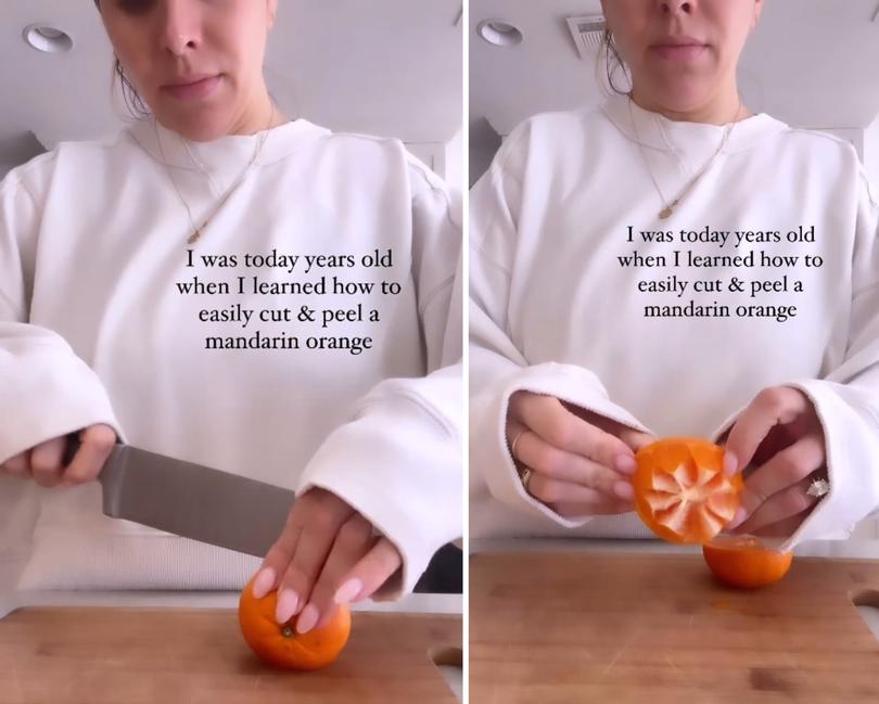The mum sliced the mandarin in half from its side, before pushing the halved segments out of its skin in just seconds. 