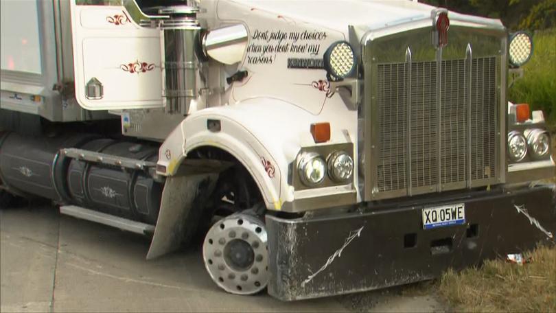 The truck was driving on the rims of its front wheel.