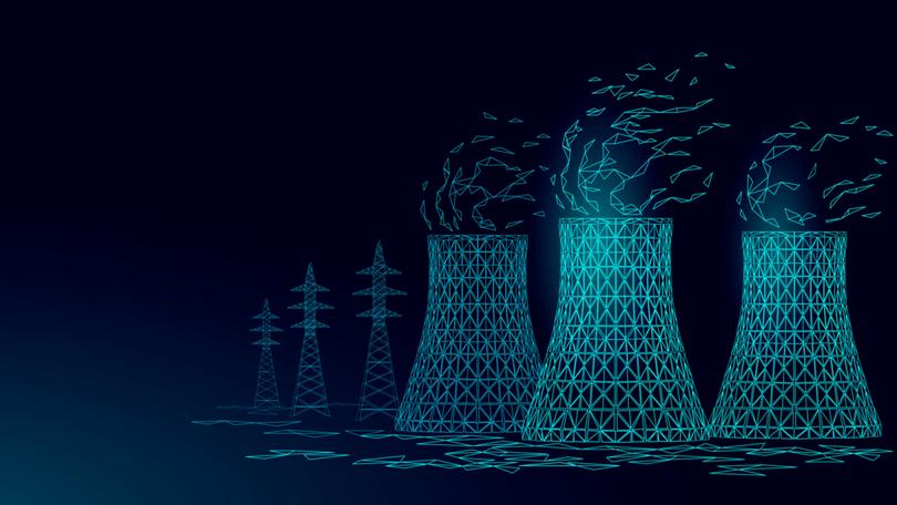Nuclear power station cooling tower low poly. 3d render ecology pollution save planet environment concept triangle polygonal. Radioactive nuclear reactor electricity vector illustration art
